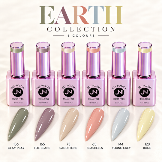 JN NAILS Earth Collection with six gel polish bottles and pointed colour swatches