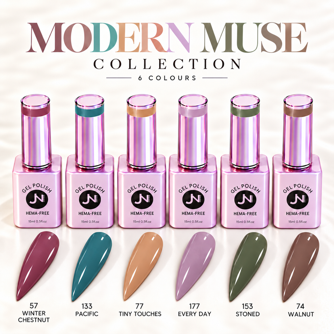 JN NAILS Modern Muse Collection of six gel polish colours with pointed swatches