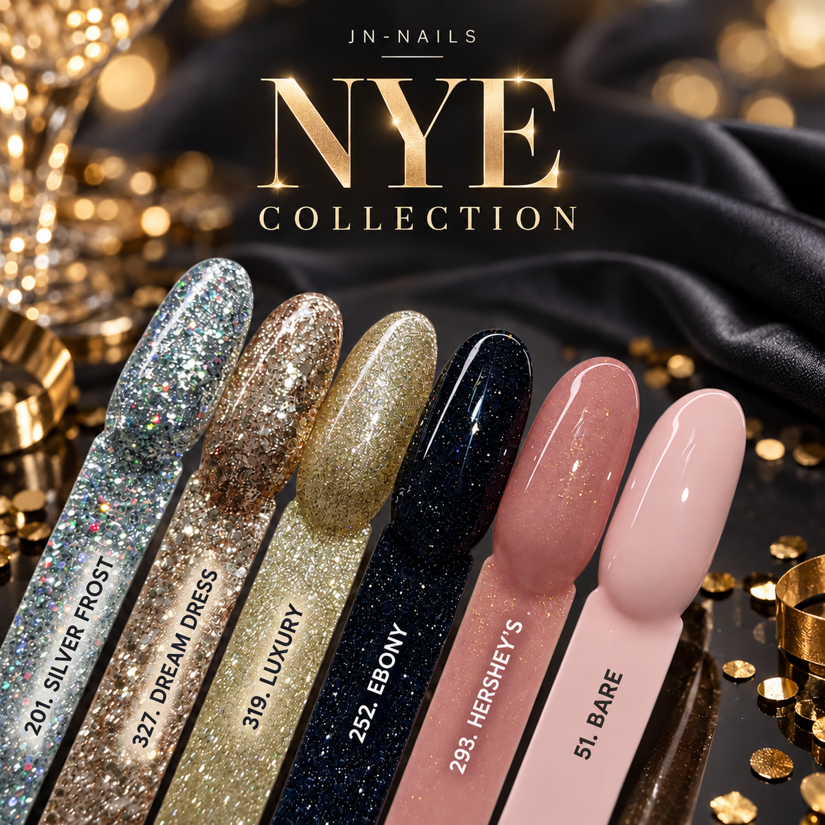 JN-NAILS NYE collection: 201 Silver Frost, 327 Dream Dress, 319 Luxury, 252 Ebony, 293 Hershey's and 51 Bare.