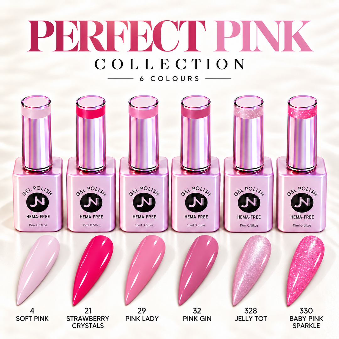 Perfect Pink collection with six JN NAILS gel polish colours and matching nail swatches