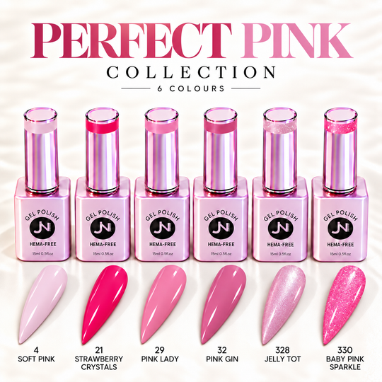 Perfect Pink collection with six JN NAILS gel polish colours and matching nail swatches
