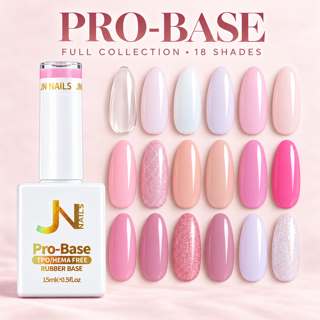JN-NAILS Pro-Base full collection with white bottle and 18 colour swatches