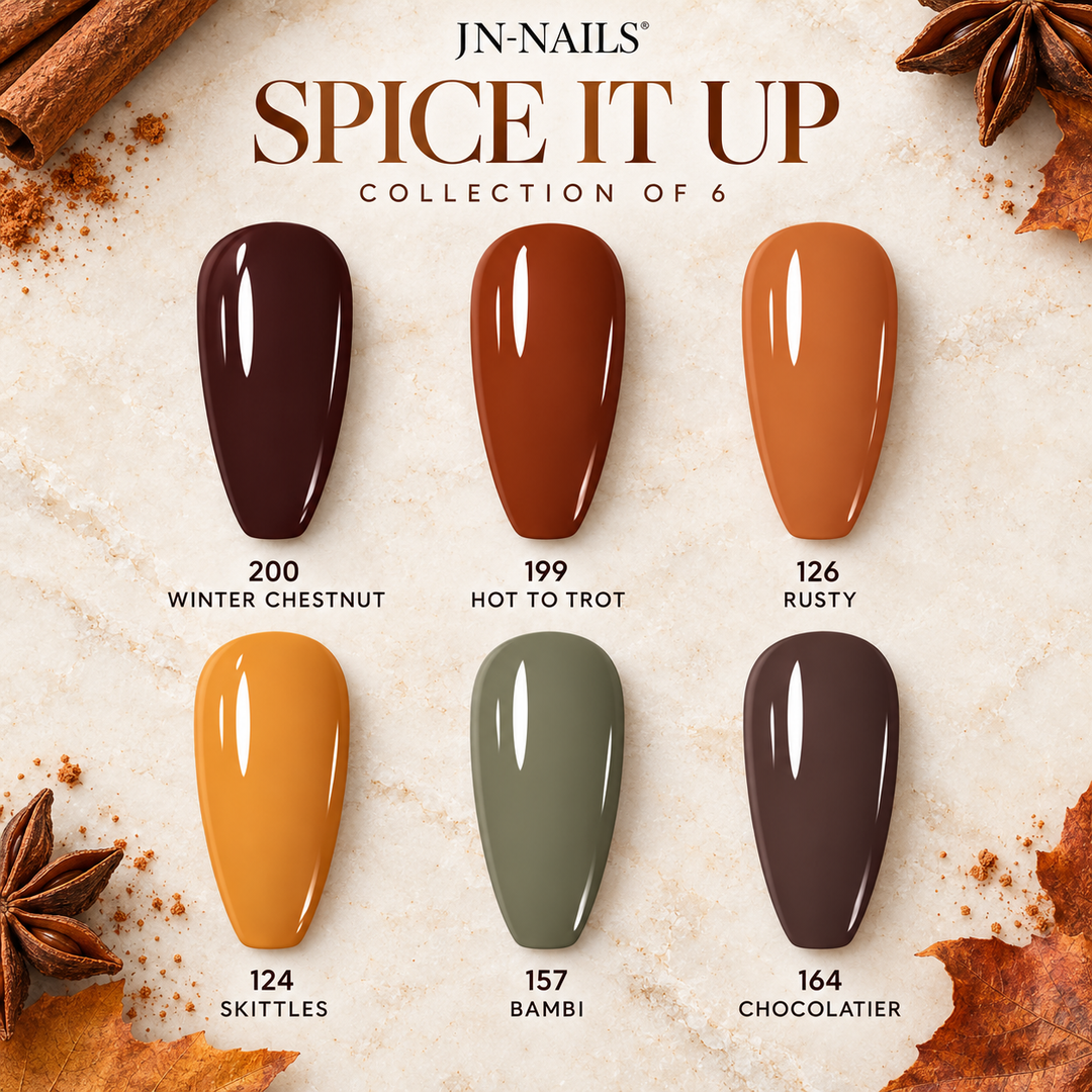 Spice It Up collection with six labelled colour swatches on an autumn background