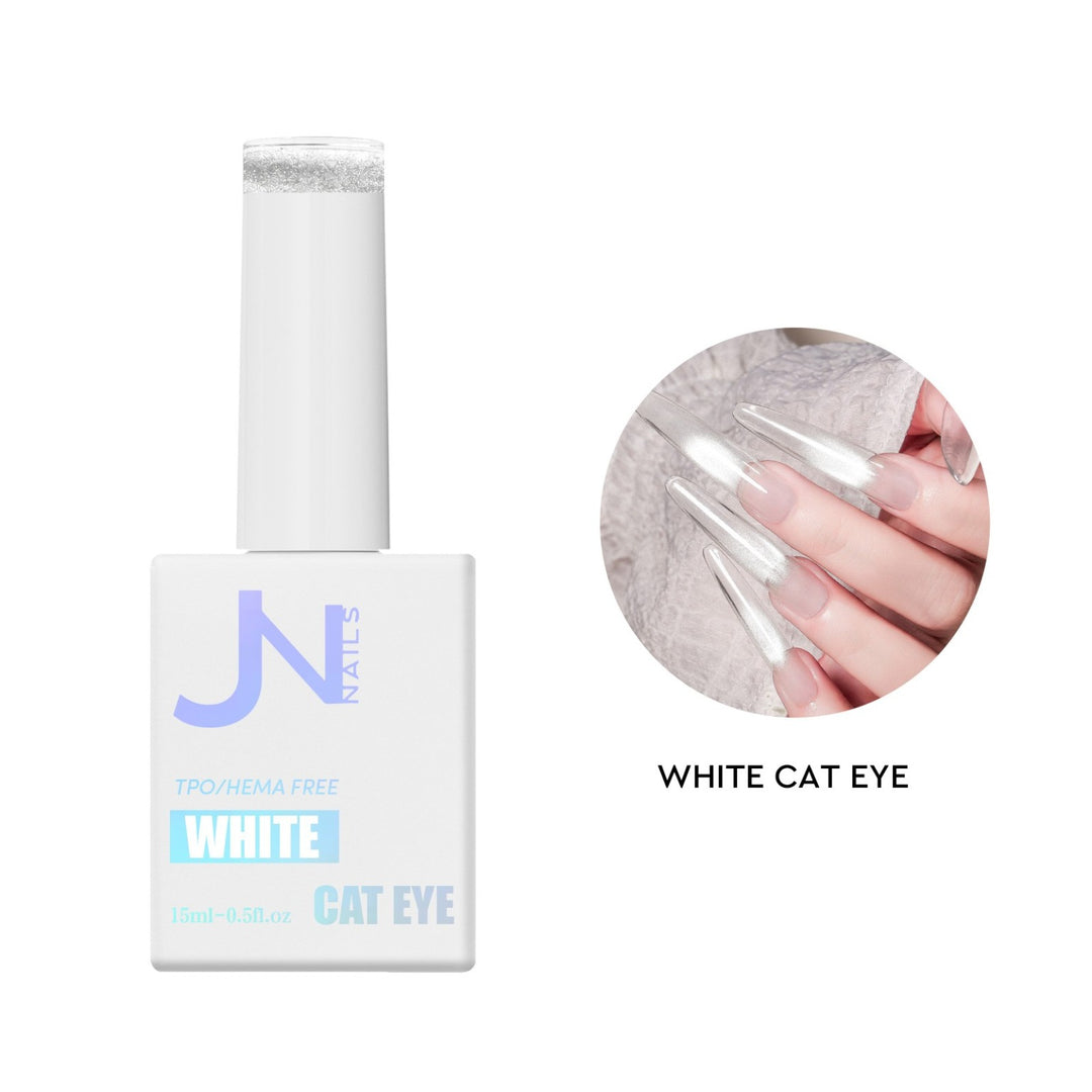 JN NAILS White Cat Eye 15ml bottle with white cat eye manicure